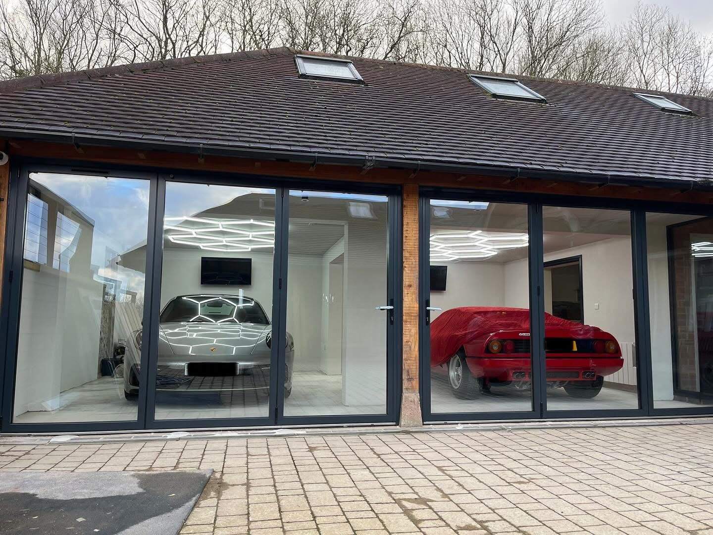 Detached garage interior in pink plaster